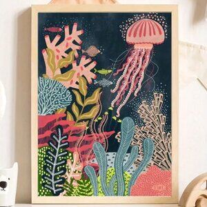 24"Lx16"W Colorful Whimsical Under the Ocean Jellyfish Anemones Canvas Art Print